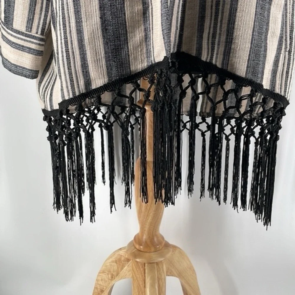 Zara Ecru Neutral Striped Boho 3/4 Sleeves Fringe Kimono festival Jacket sz sm - Picture 5 of 11